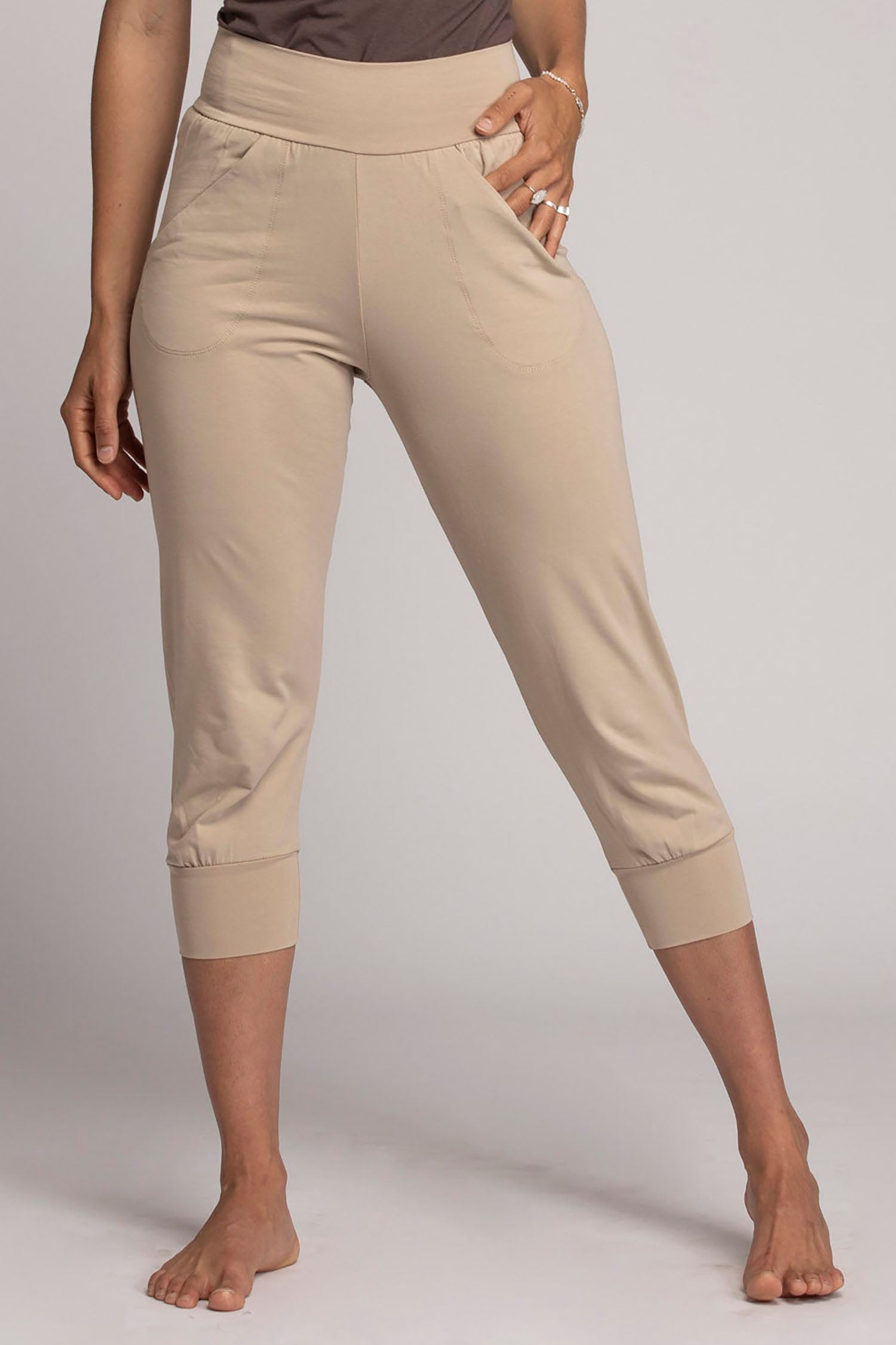 Organic Cotton Slouchy Capri Pants in Almond color| Ripple Yoga Wear XS