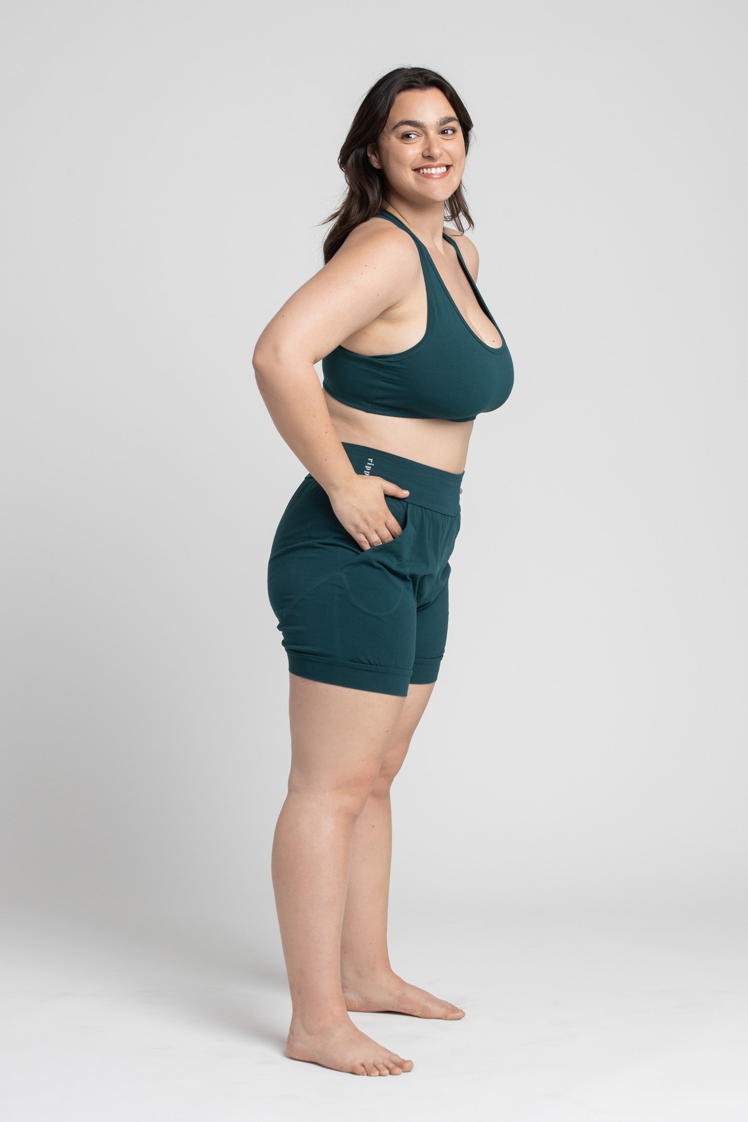 Organic Cotton yoga Slouchy Shorts in cobalt green | Ripple Yoga Wear