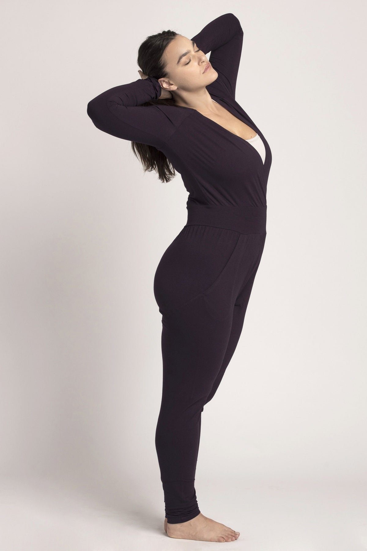 Long Sleeve Yoga Jumpsuit womens clothing Ripple Yoga Wear eggplant XS 