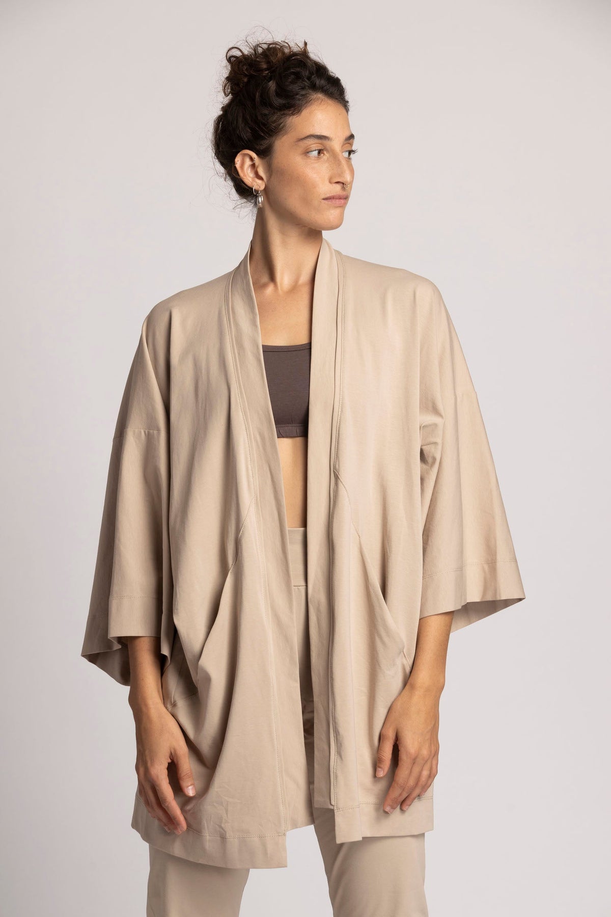 Organic cotton Lounge Kimono Cardigan womens clothing Ripple Yoga Wear almond 