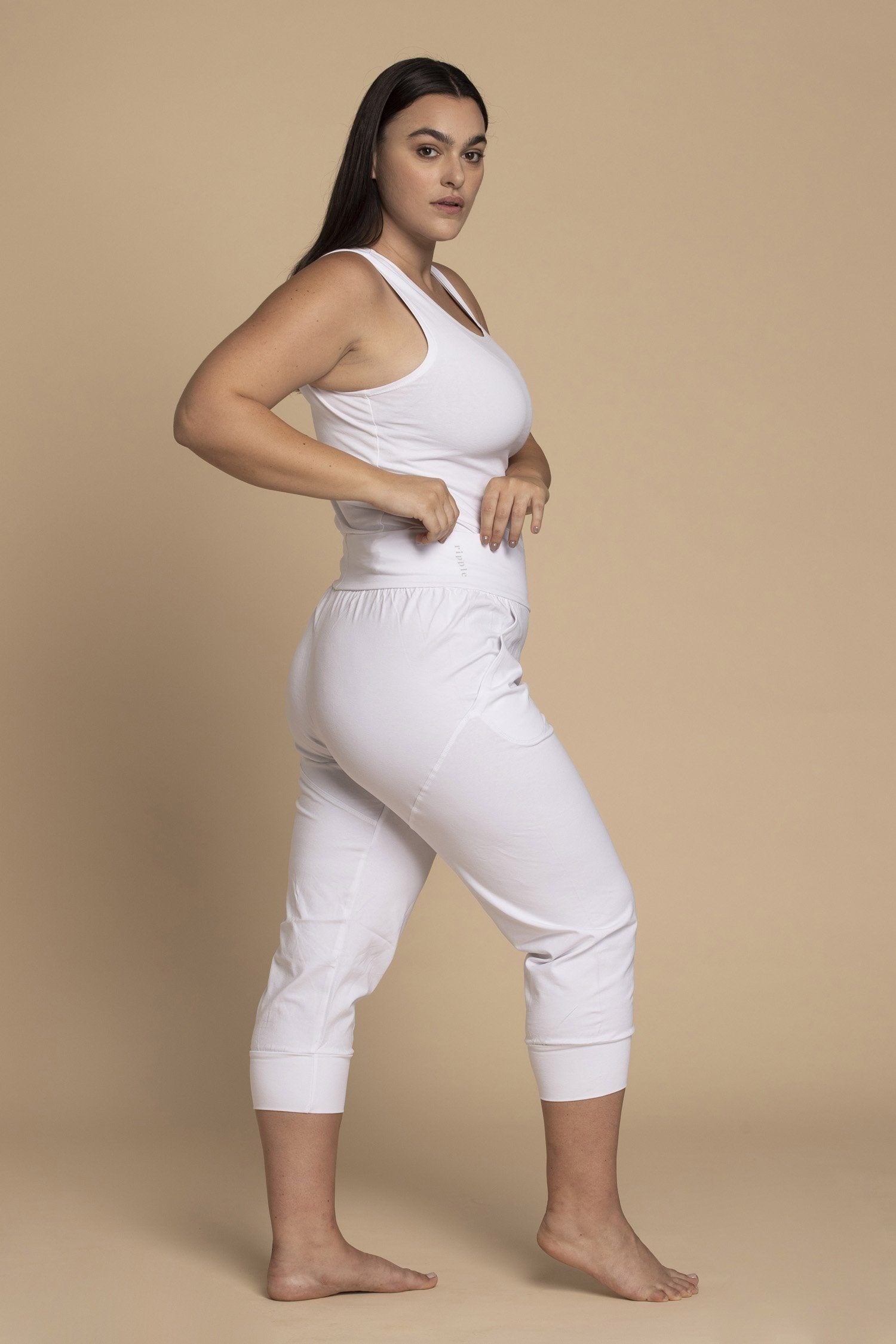 Pure White Slouchy Capri Yoga Pants womens clothing Ripple Yoga Wear 