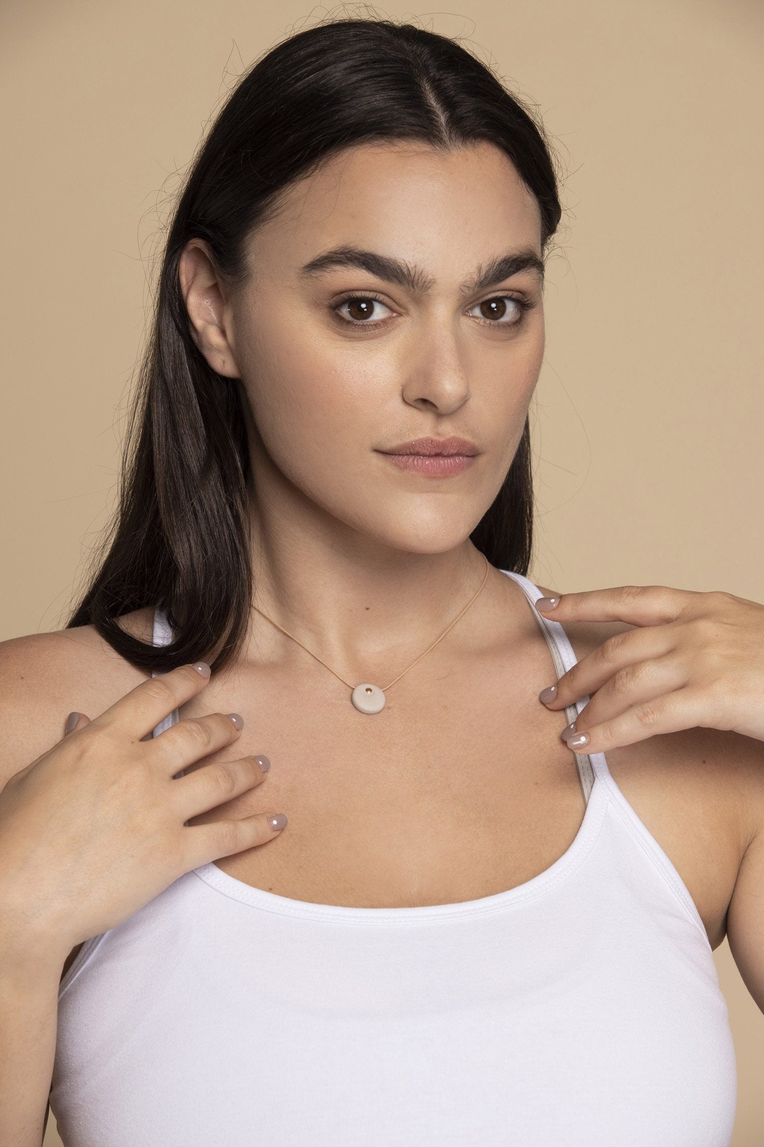 The Ripple Circle Necklace womens clothing Ripple Yoga Wear Nude clay with a 24K gold circle 
